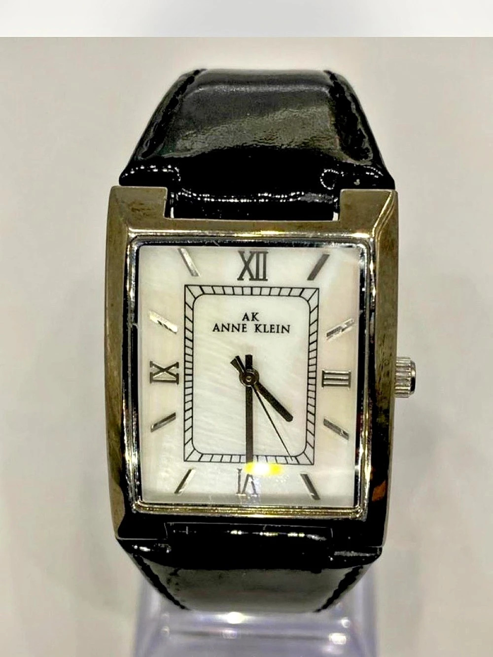 Ladies *** Anne Klein ^^^ Rectangular *^* Black Patent & Silver Strap Watch *^*